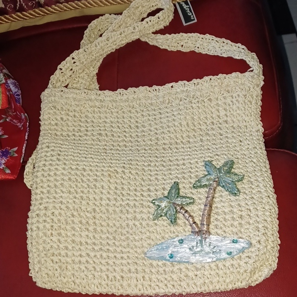 Cappelli Vintage Tropical Straw Bag With Palm Trees & Island